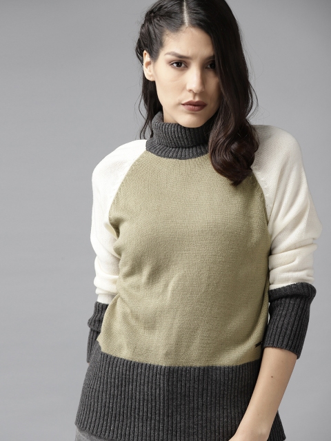 

Roadster Women Olive Green & White Sweater
