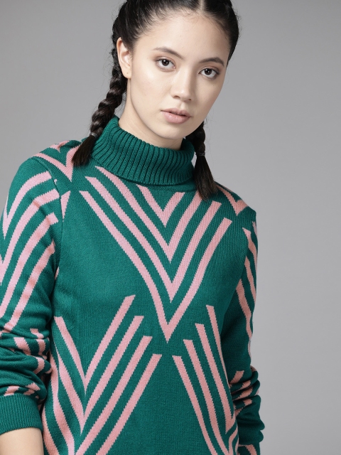 

Roadster Women Green & Pink Chevron Design Pullover