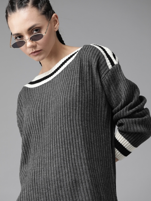 

Roadster Women Charcoal Grey Self Striped Pullover Sweater