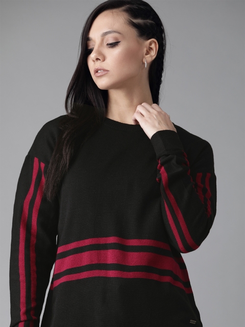 

Roadster Women Black & Magenta Striped Detail Acrylic Sweater