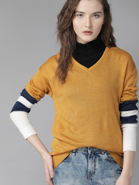 

Roadster Women Mustard Yellow Ribbed Semi-Sheer Acrylic Pullover Sweater