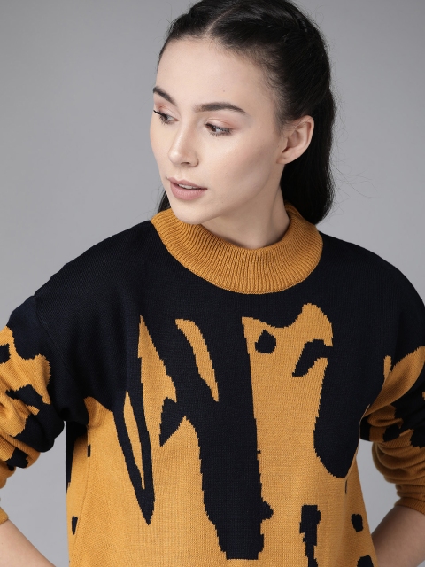

Roadster Women Mustard Brown & Navy Self Design Acrylic Pullover