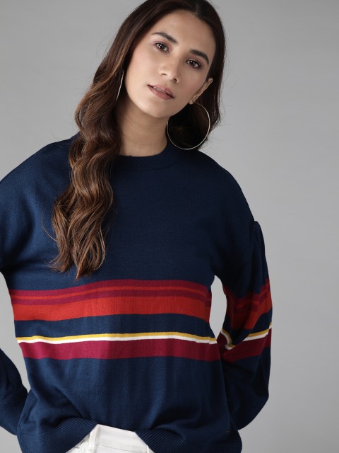 

Roadster Women Navy Blue & Red Striped Sweater