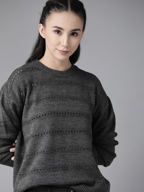 

Roadster Women Charcoal Grey Striped Open Knit Pullover