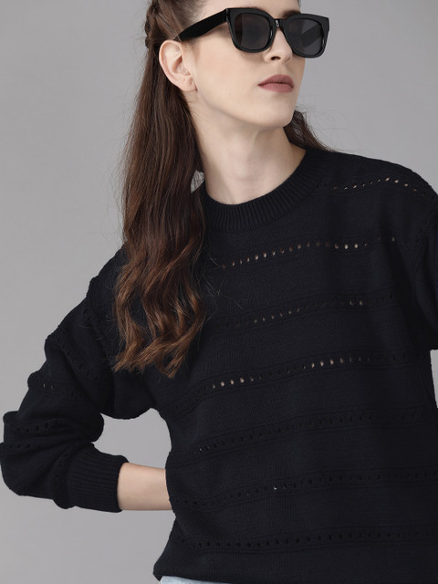 

Roadster Women Navy Blue Open Knit Self Design Pullover Sweater
