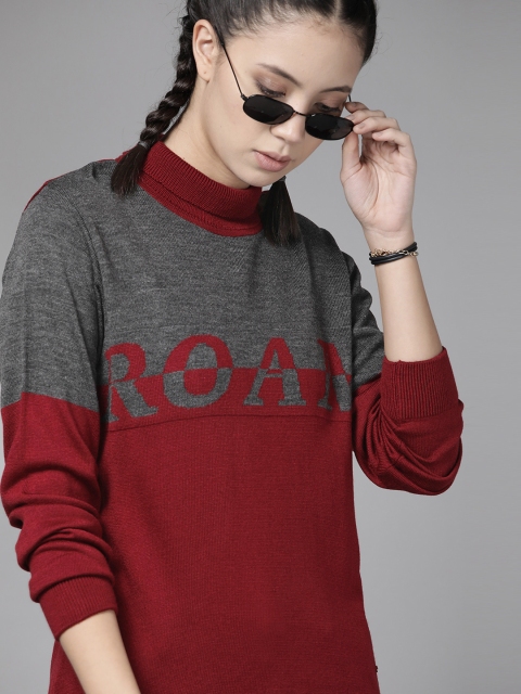 

Roadster Women Maroon & Charcoal Grey Colourblocked Acrylic Pullover