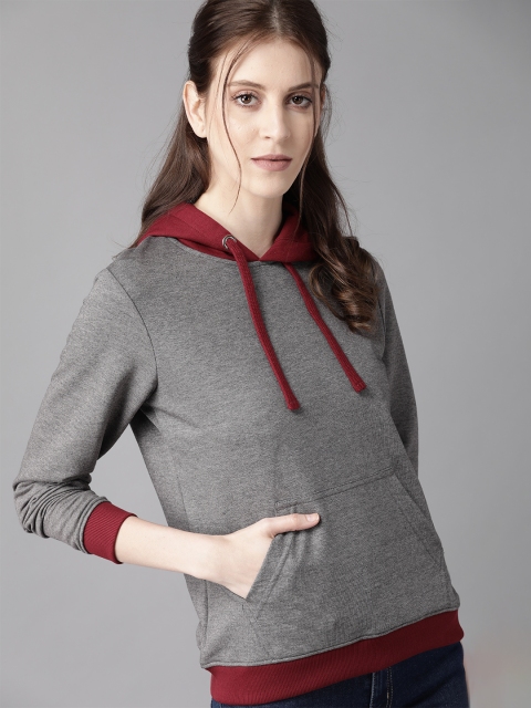 Women Charcoal Grey Solid Hooded Sweatshirt