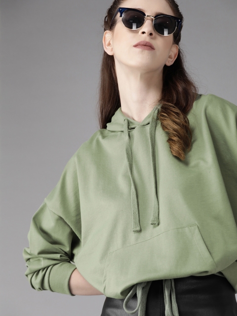 Women Olive Green Solid Oversized Hooded Sweatshirt