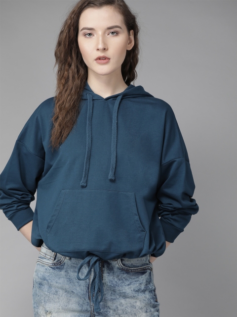 Women Teal Blue Solid Hooded Sweatshirt