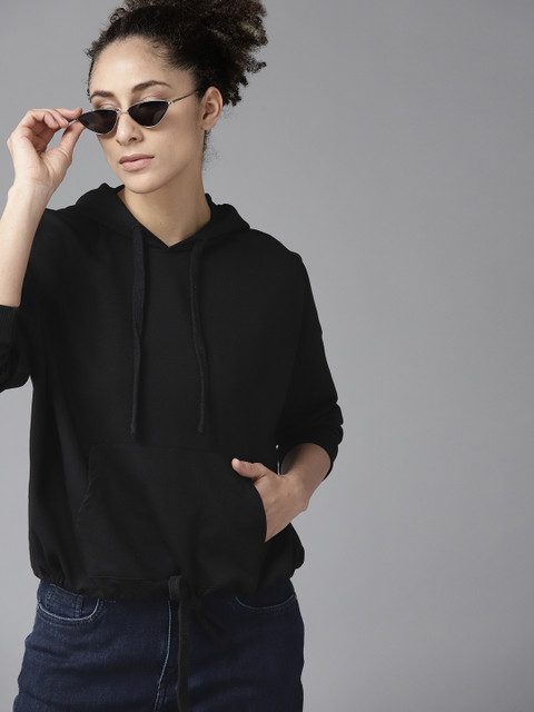 

Roadster Women Black Waist-Tie Solid Hooded Sweatshirt
