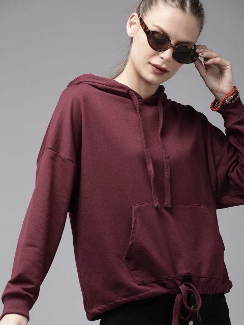 

Roadster Women Burgundy Solid Hooded Sweatshirt with Drop Shoulder Sleeve