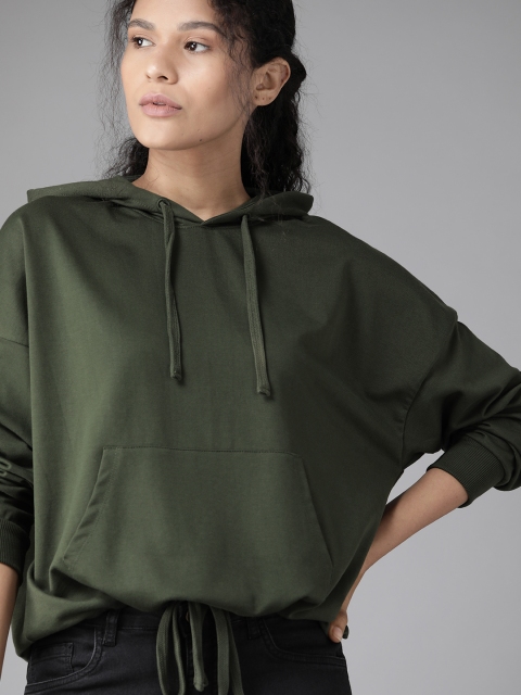 Women Olive Green Solid Hooded Sweatshirt