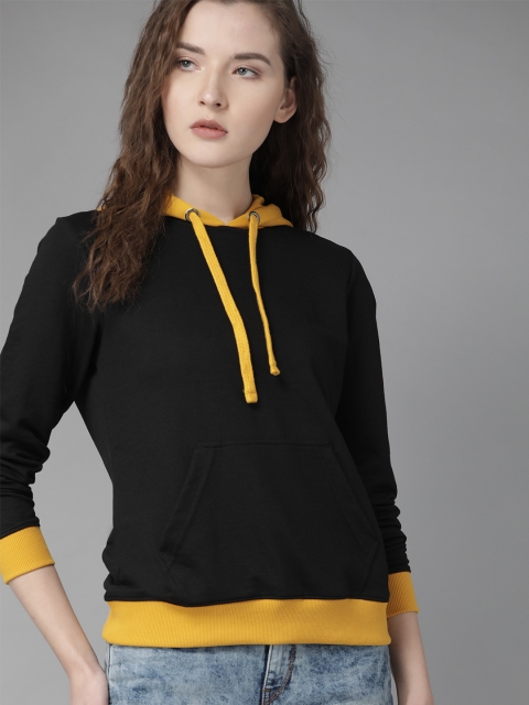 Women Black Solid Hooded Sweatshirt