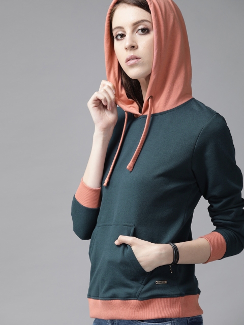 

Roadster Women Teal Blue Solid Hooded Sweatshirt