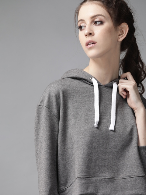 Women Charcoal Grey Solid Hooded Boxy Cropped Sweatshirt