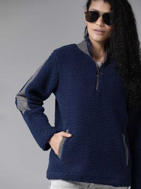 Women Navy Blue Sherpa Faux Fur Solid Sweatshirt