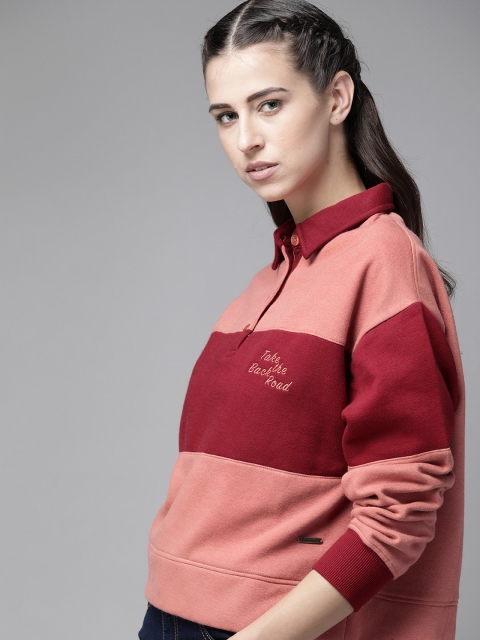

Roadster Women Peach-Coloured & Maroon Colourblocked Sweatshirt
