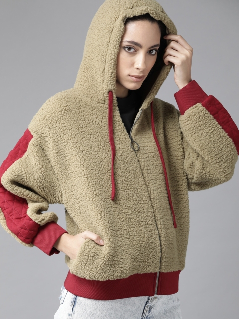 Women Green Sherpa Detail Hooded Sweatshirt