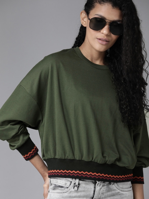 

Roadster Women Olive Green Solid Sweatshirt
