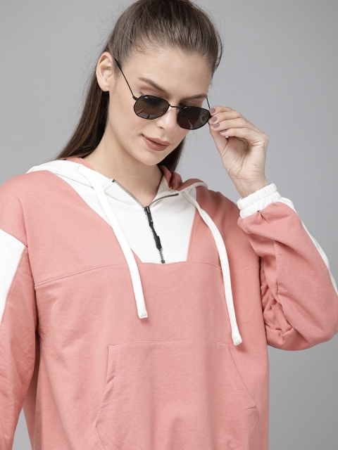Women Pink & White Colourblocked Hooded Pullover Sweatshirt