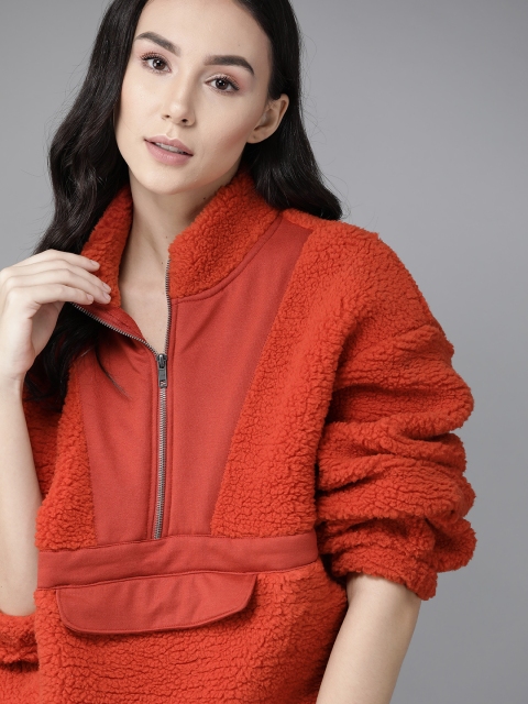 Women Coral Red Sherpa Detail Solid Sweatshirt