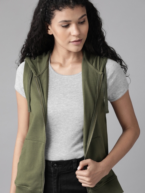 

Roadster Women Olive Green Solid Hooded Sweatshirt