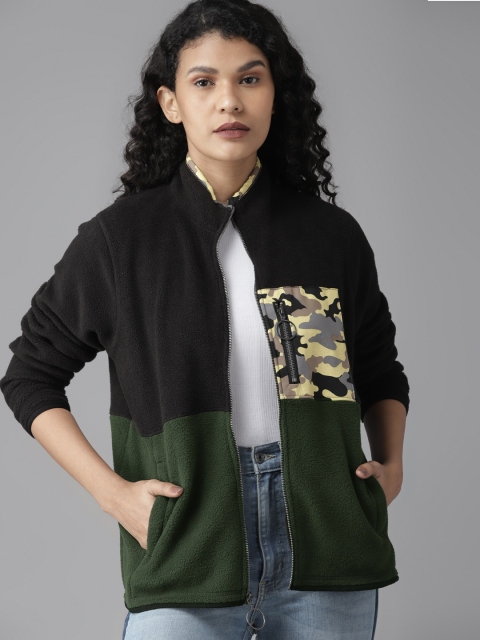 

Roadster Women Black & Olive Green Colourblocked Fleece Sweatshirt