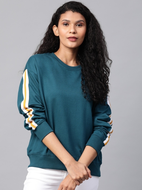 Women Teal Green Solid Sweatshirt
