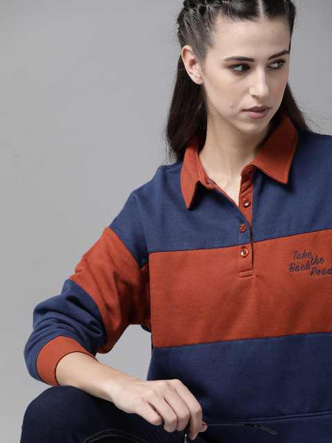 

Roadster Women Navy Blue & Rust Brown Colourblocked Sweatshirt