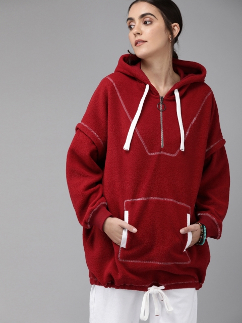 

Roadster Women Red Solid Longline Fleece Hooded Sweatshirt