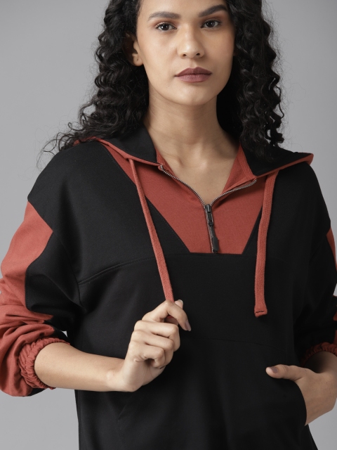 Women Black & Rust Red Colourblocked Hooded Sweatshirt