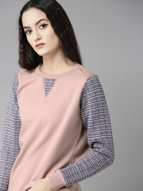 

Roadster Women Dusty Pink & Navy Blue Solid Sweatshirt