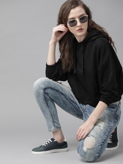 Women Black Solid Hooded Sweatshirt