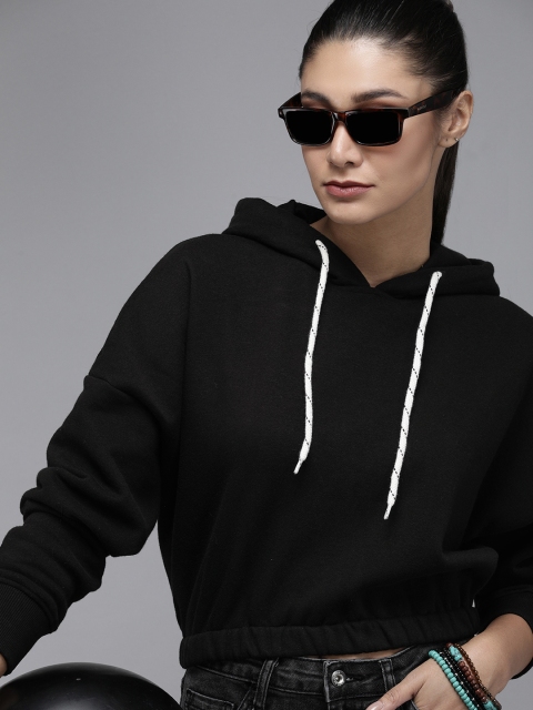 

Roadster Women Black Solid Hooded Cropped Sweatshirt
