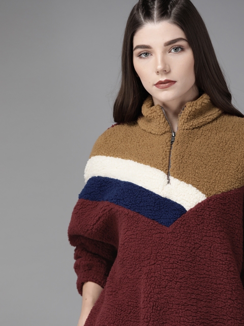 

Roadster Women Maroon & Brown Striped Sherpa Sweatshirt