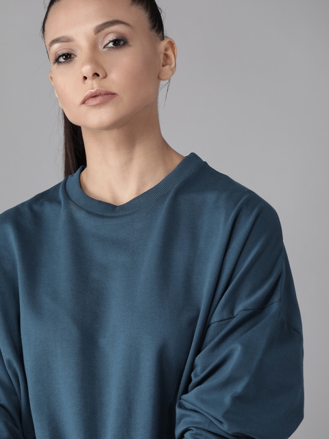 Women Teal Blue Solid Sweatshirt