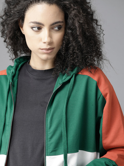 

Roadster Women Green & White Colourblocked Hooded Sweatshirt