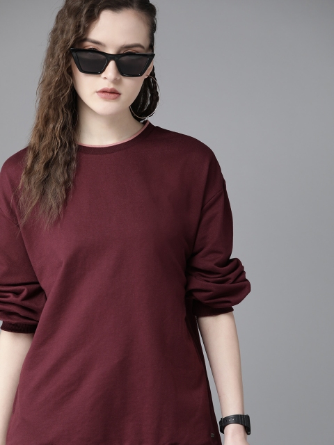 

Roadster Women Burgundy Solid Oversized Sweatshirt