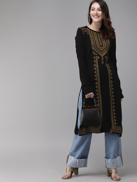 

Anouk Women Black & Gold-Coloured Printed Straight Winter Kurta