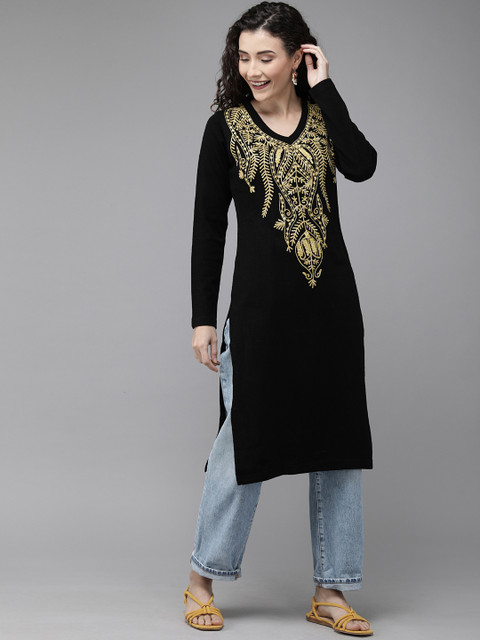 

Anouk Women Black & Gold-Toned Embroidered Straight Kurta