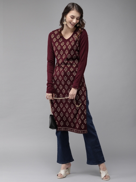 

Anouk Women Maroon & Gold-Coloured Printed Straight Winter Kurta