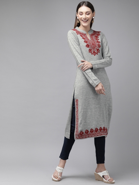 

Anouk Women Grey Melange Embroidered Straight Knitted Kurta