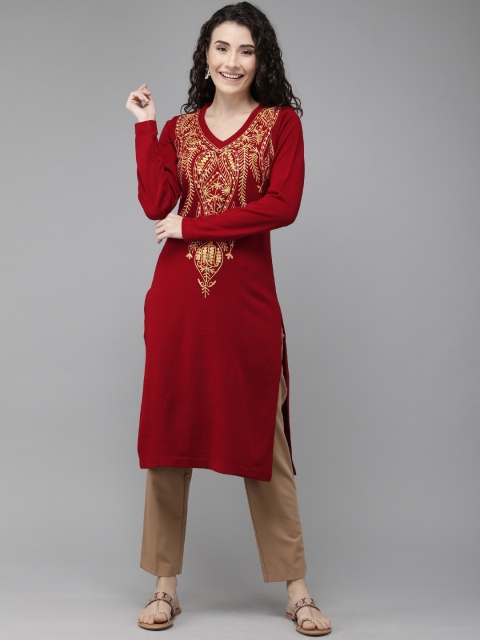 

Anouk Women Maroon & Gold-Toned Embroidered Straight Kurta