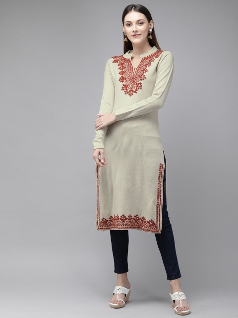 

Anouk Women Beige Embroidered Straight Knitted Kurta