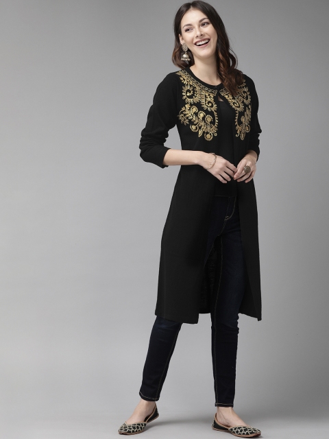 

Anouk Women Black Solid Button Longline Shrug with Embroidered Detail