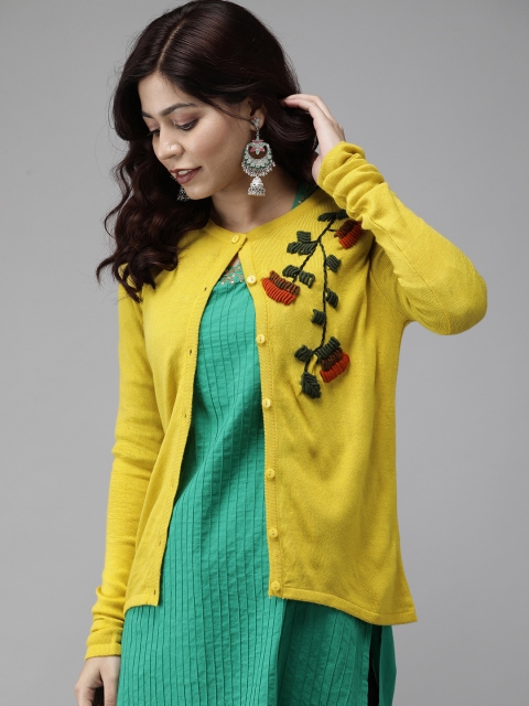 

Anouk Women Yellow Self Design Cardigan Sweater