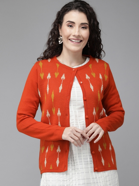 

Anouk Women Rust Orange Self Design Cardigan Sweater