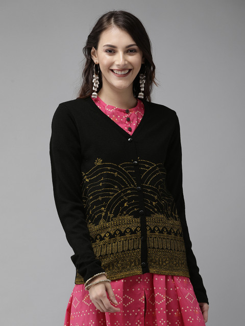 

Anouk Women Black & Gold-Coloured Printed Cardigan Sweater