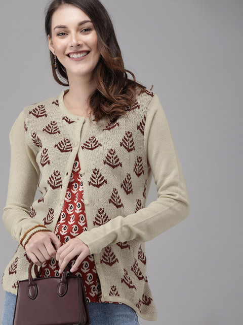 

Anouk Women Beige Self Design Cardigan Sweater