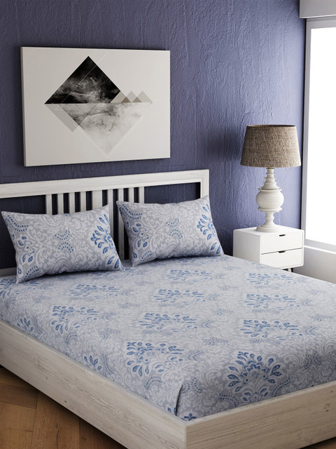 

EverHOME Blue & Grey Floral 300 TC Cotton 1 King Bedsheet with 2 Pillow Covers